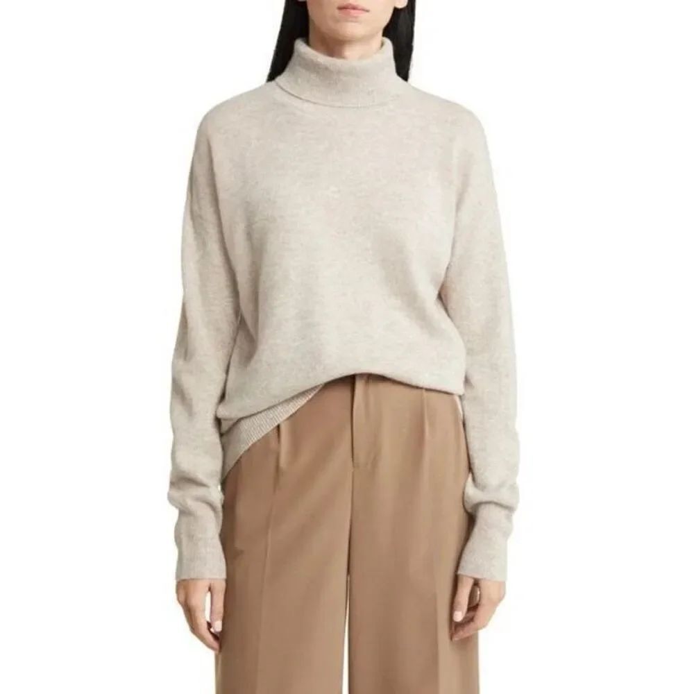 Nordstrom Cashmere Sweater Pullover Turtleneck In Beige Hummus Heather Large
